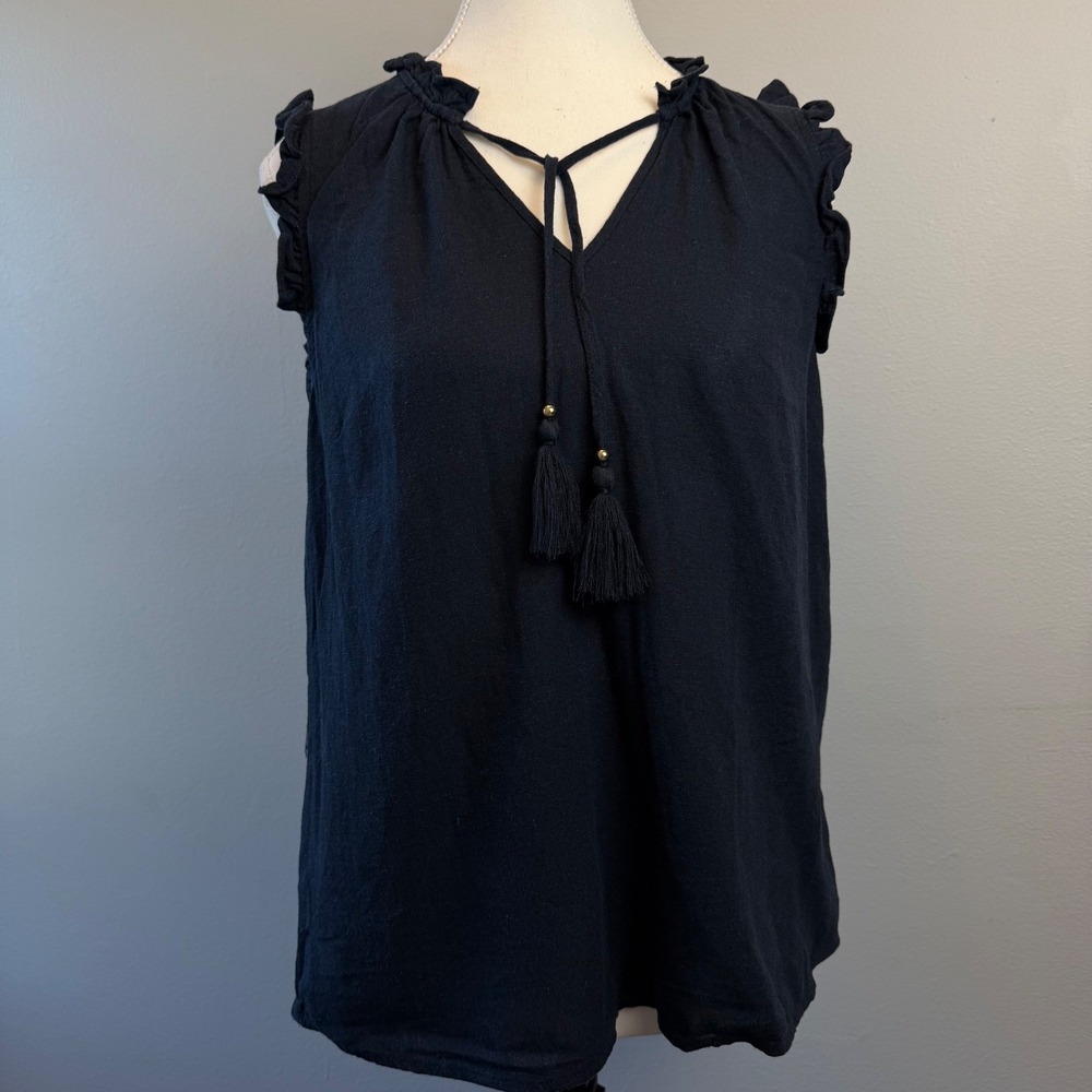Ellen Tracy Small Navy Linen Blend Ruffle Tassel V-Neck Sleeveless Blouse Preppy